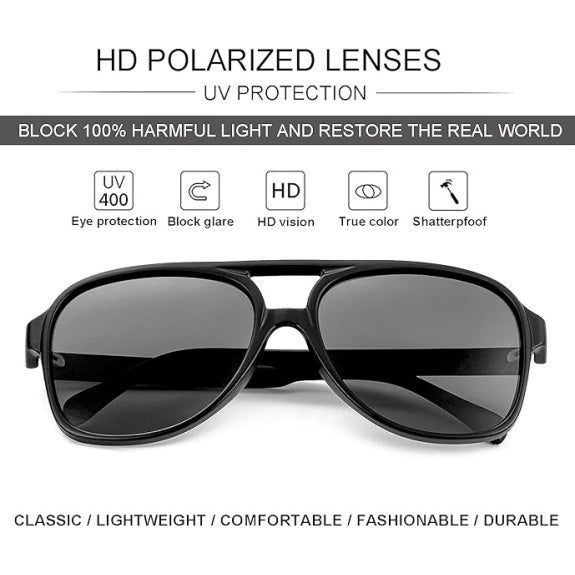 Polarized Vintage Aviator Sunglasses – Large Frame for Men & Women, Black/Grey