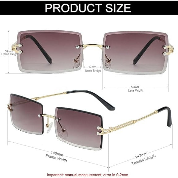 Rimless Rectangle Sunglasses, UV400, Double Grey