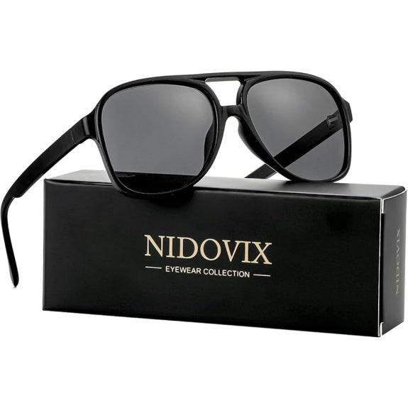 Polarized Vintage Aviator Sunglasses – Large Frame for Men & Women, Black/Grey