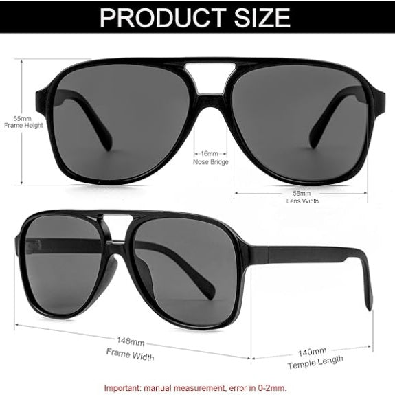 Polarized Vintage Aviator Sunglasses – Large Frame for Men & Women, Black/Grey