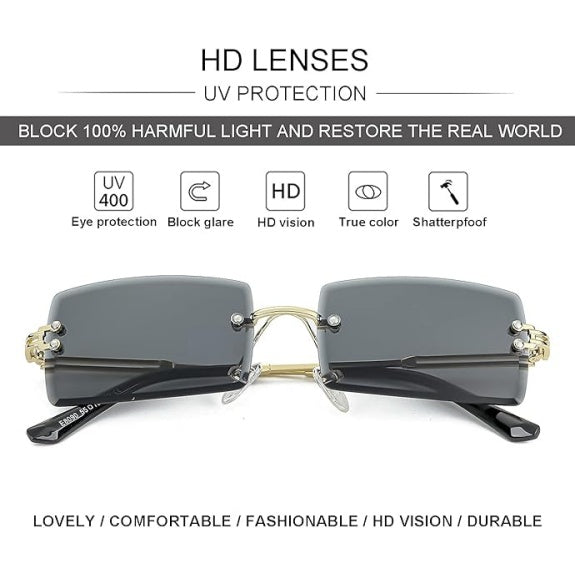 Rimless Rectangle Sunglasses for Men & Women, Clear Lens, UV400 Protection
